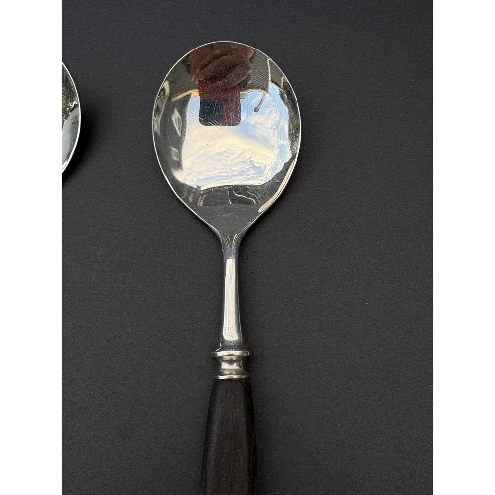 Vintage Scandinavian salad serving set made in Norway silver metal  wood handles